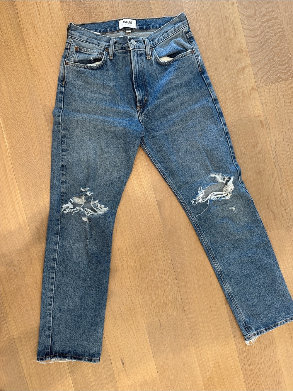 Agolde Men's Medium Blue Distressed Straight Jeans